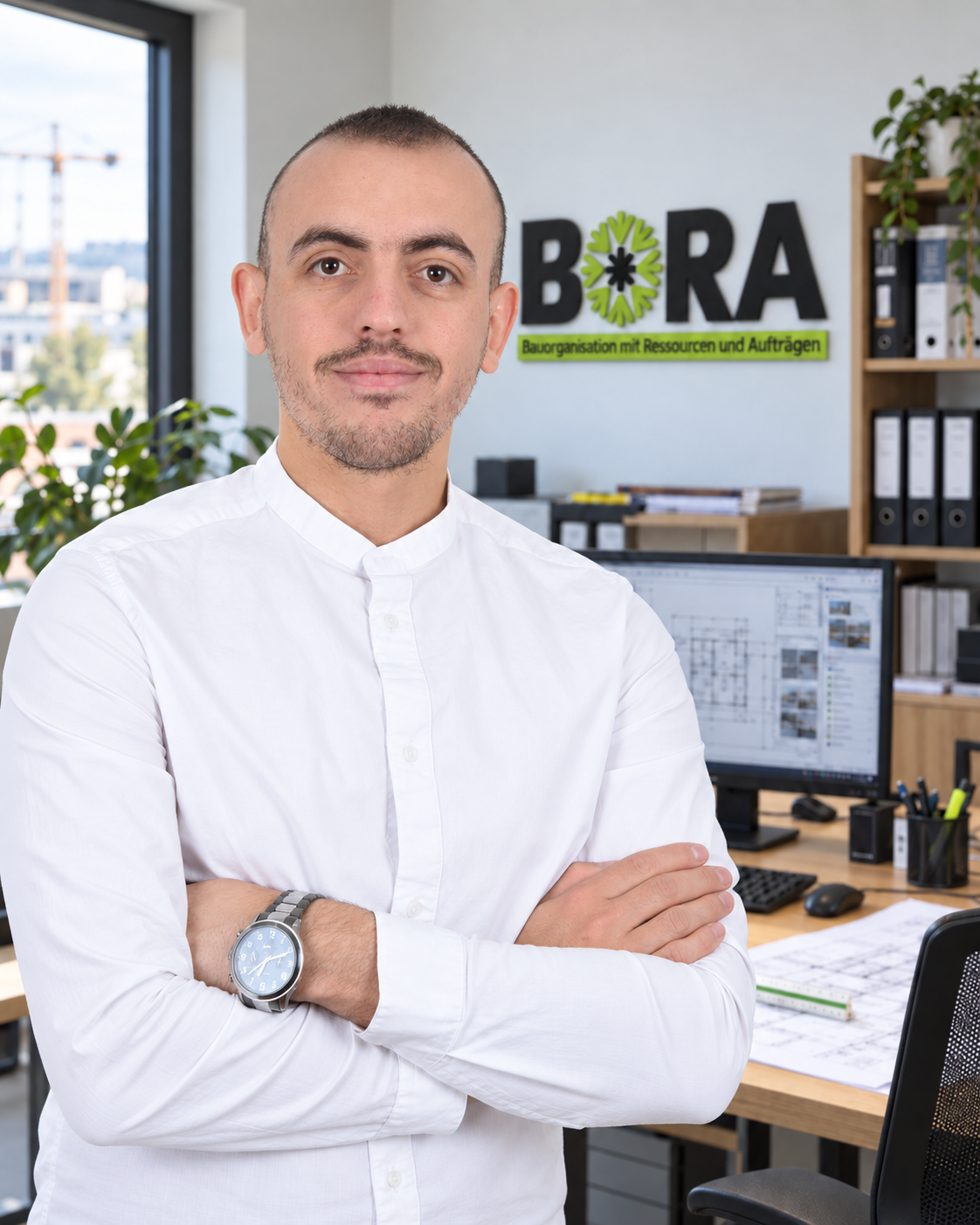 Arbnor Halili, Architekt und Gründer von BORA, im Büro mit BORA-Logo