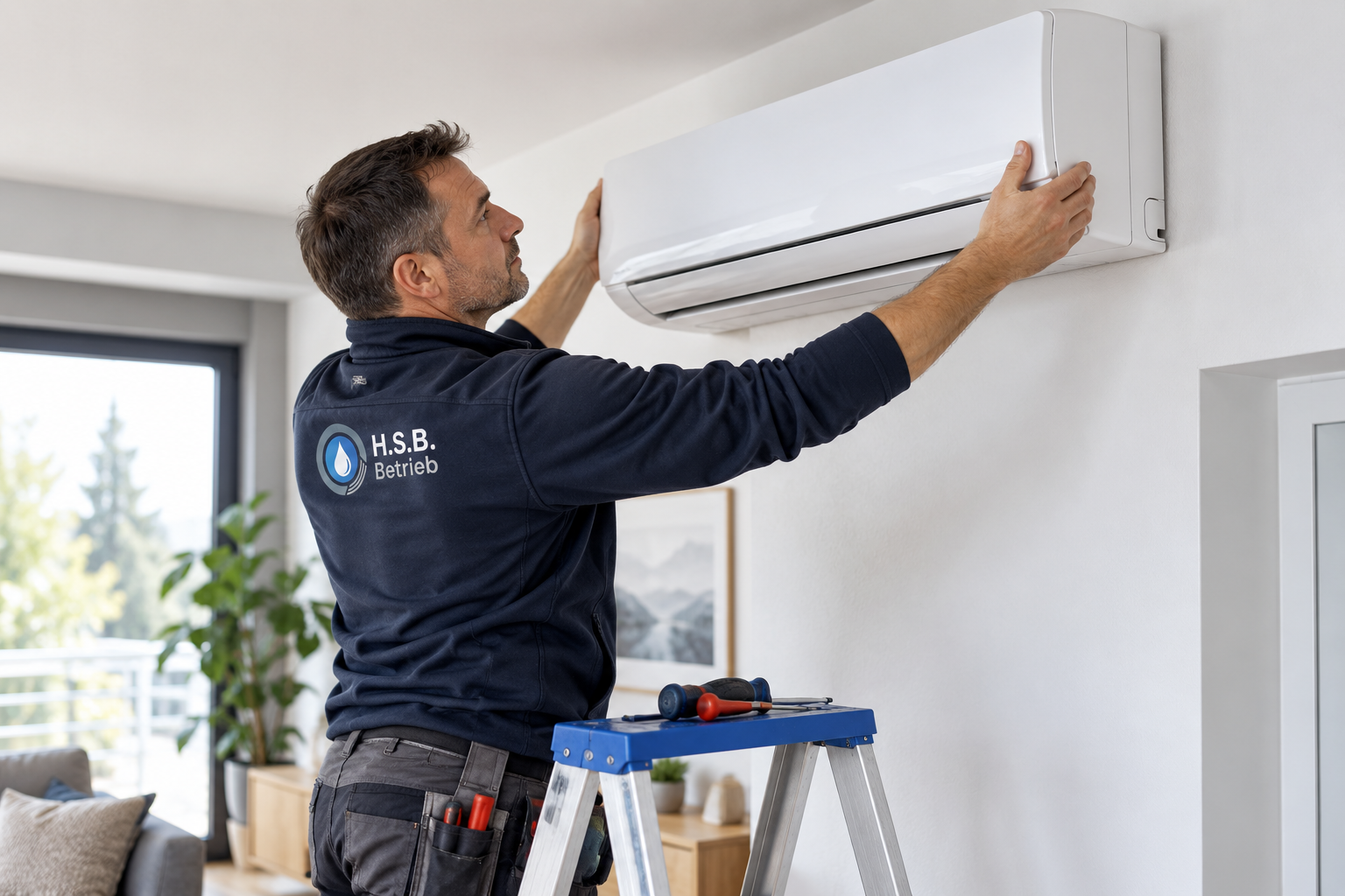 Illustration eines Monteurs bei der Montage einer Klimaanlage mit HSB-Logo